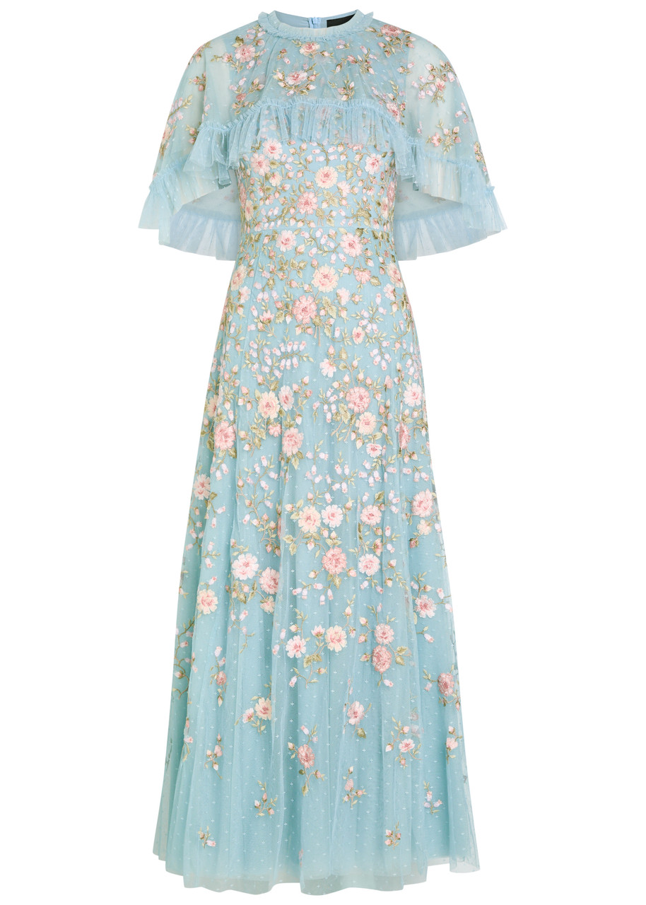 Needle & Thread Eden Rose Embroidered Cape-effect Tulle Gown - Blue - 6 (UK6 / XS)