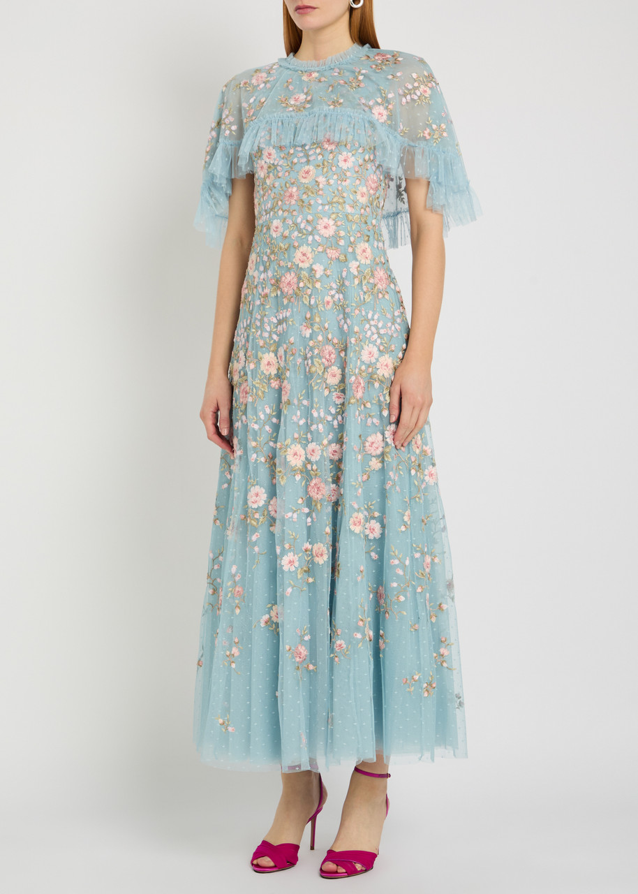  Needle & Thread Eden Rose Embroidered Cape-effect Tulle Gown - Blue - 10 (uk10 / S) 