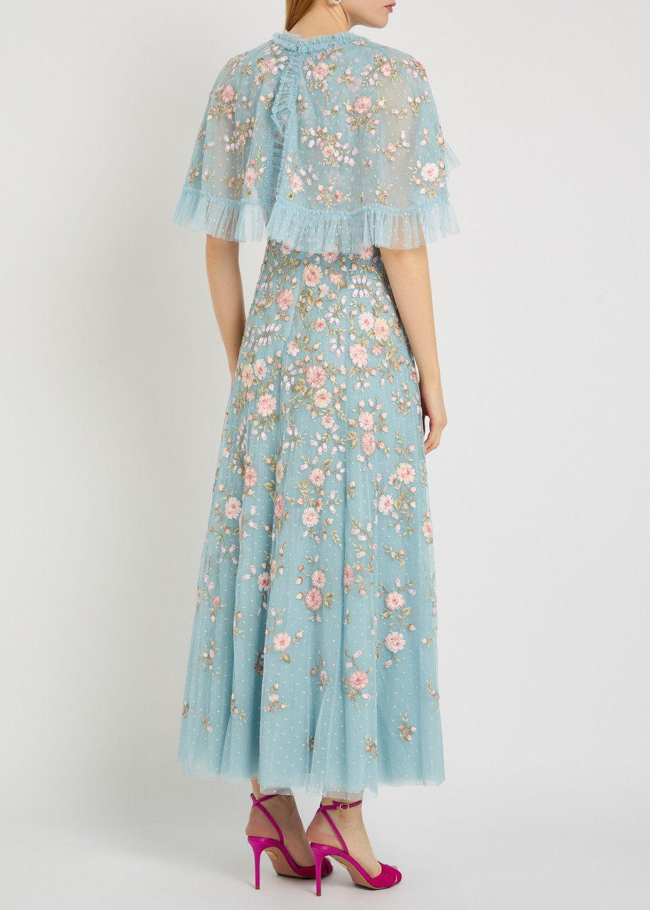  Needle & Thread Eden Rose Embroidered Cape-effect Tulle Gown - Blue - 10 (uk10 / S) 