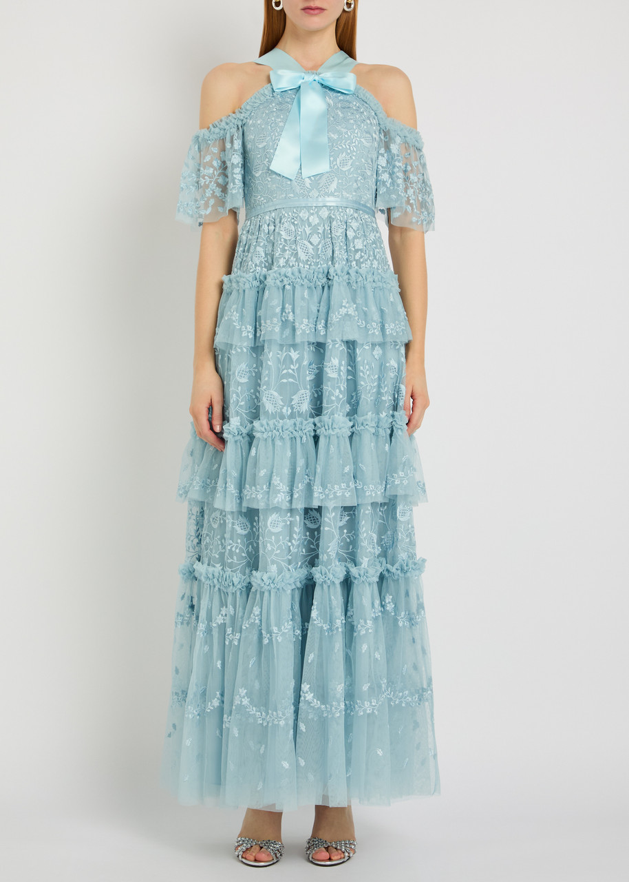  Needle & Thread Primrose Floral-embroidered Tulle Gown - Blue - 16 (uk16 / Xl) 