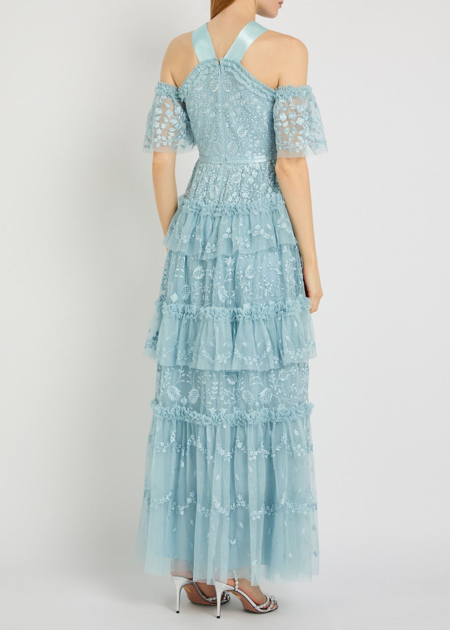  Needle & Thread Primrose Floral-embroidered Tulle Gown - Blue - 16 (uk16 / Xl) 