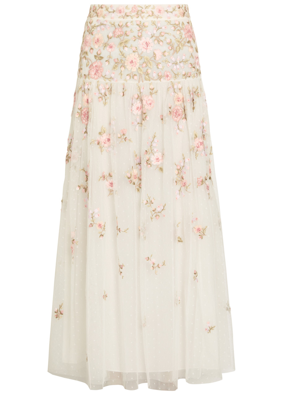 Needle & Thread Eden Rose Floral-embroidered Tulle Midi Skirt – White – 12 (UK12 / M)