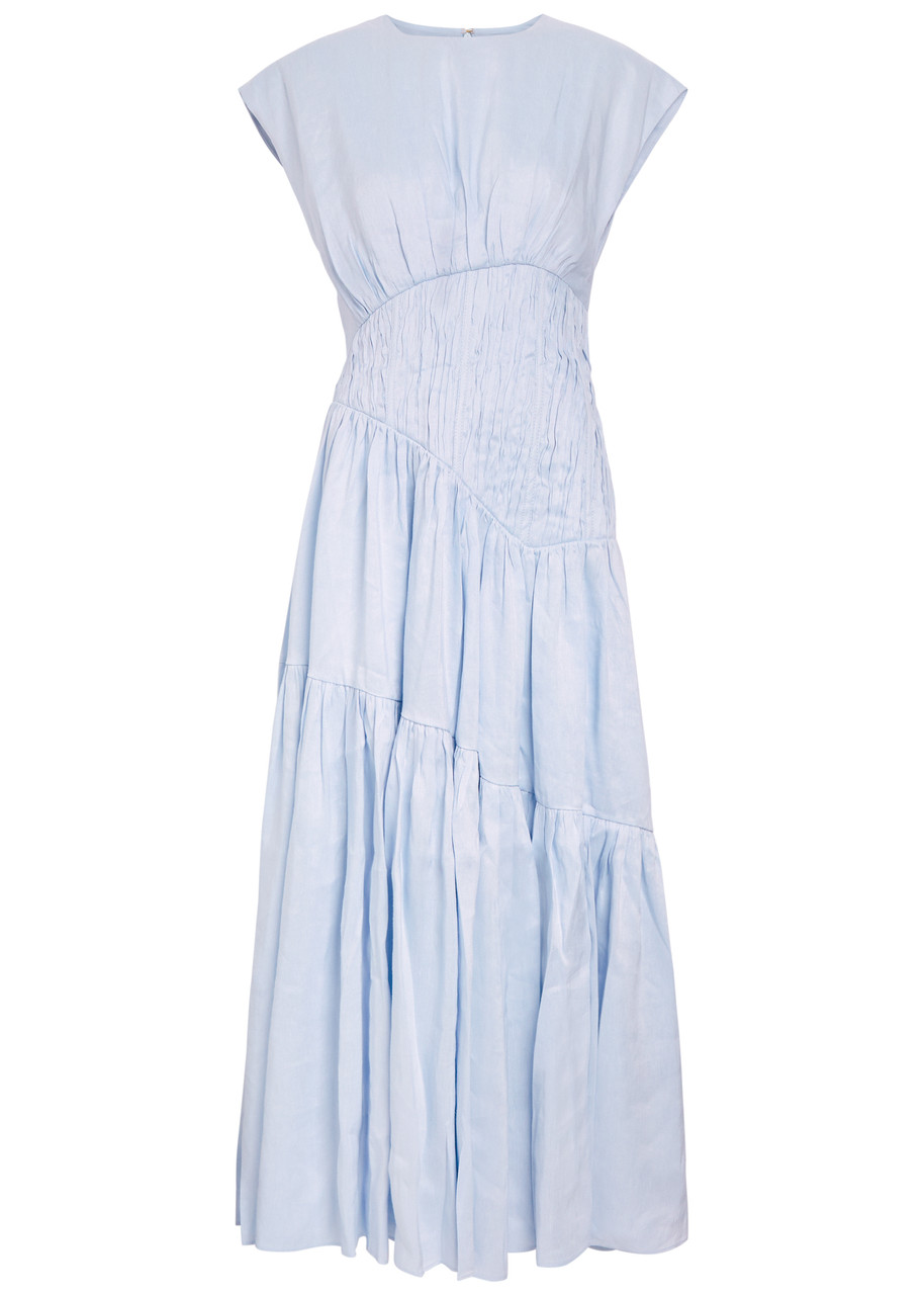 Aje Ecliptica Shirred Linen-blend Midi Dress In Blue