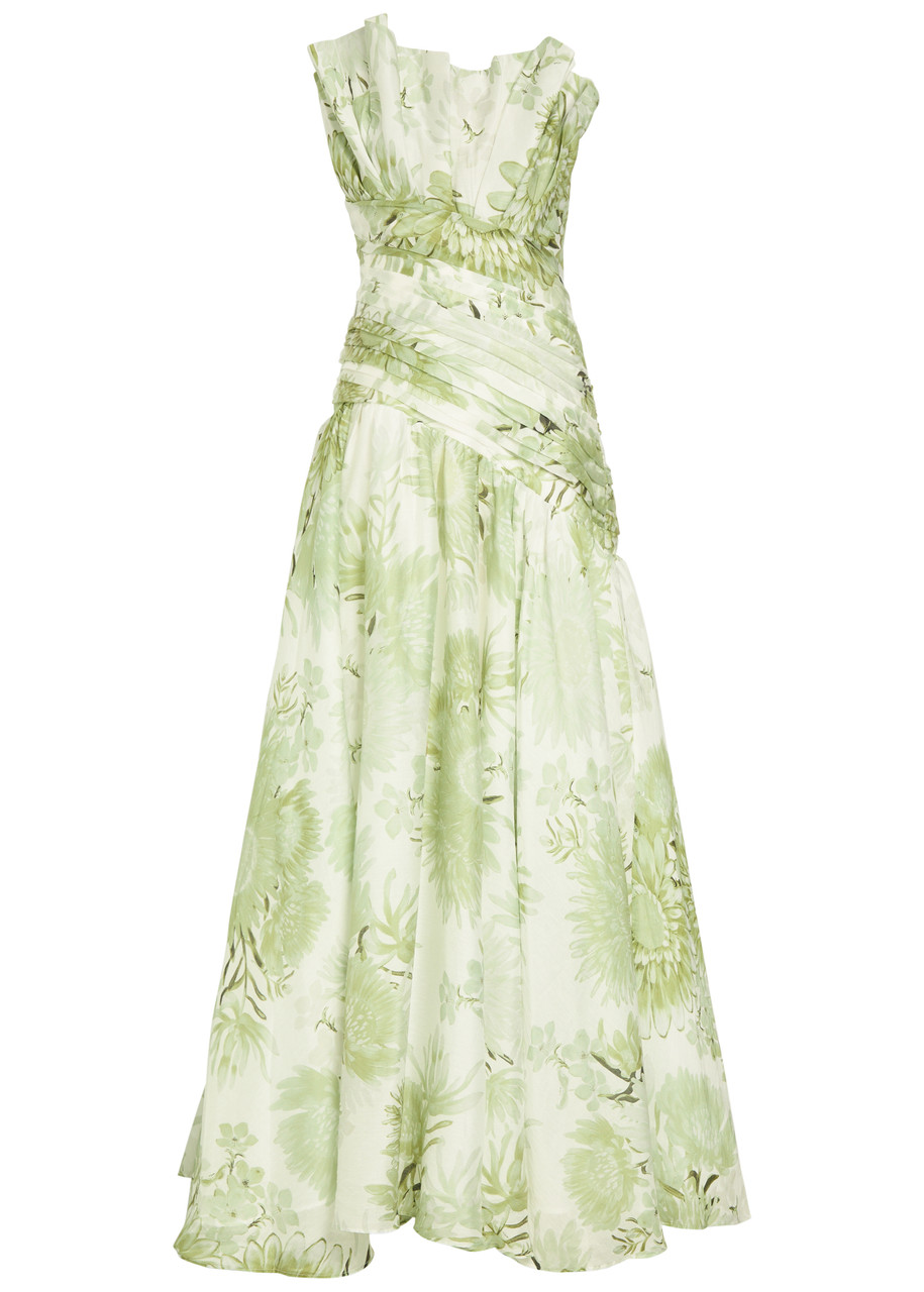 Aje Reflector Floral-print Woven Gown In Green