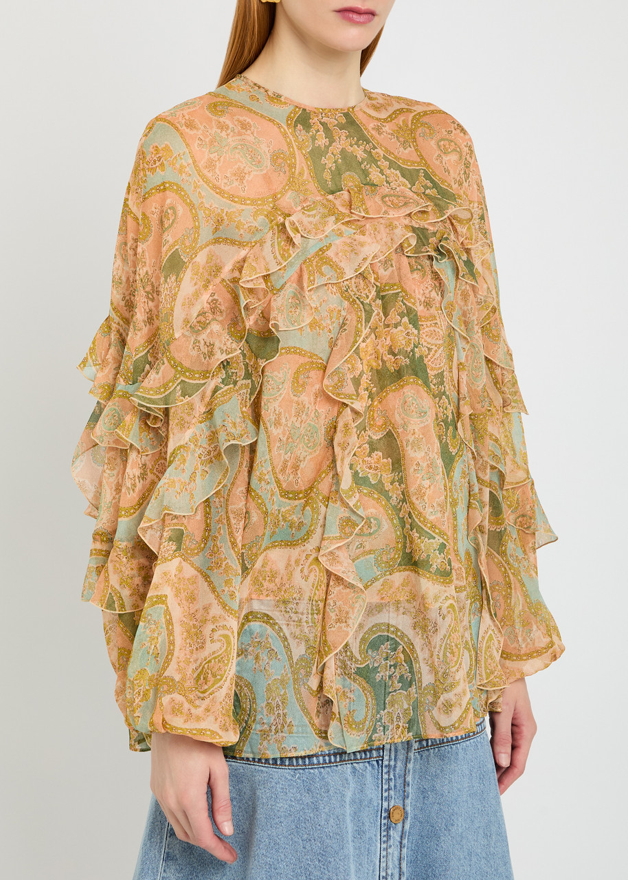  Zimmermann Luna Flutter Paisley Ruffled Silk Blouse - Sage - 2 (uk 12 / M) 