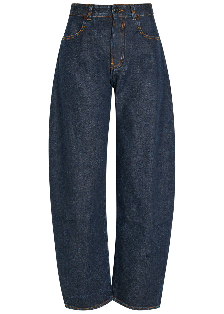 Alaïa Low Round Barrel-leg Denim Jeans In Blue