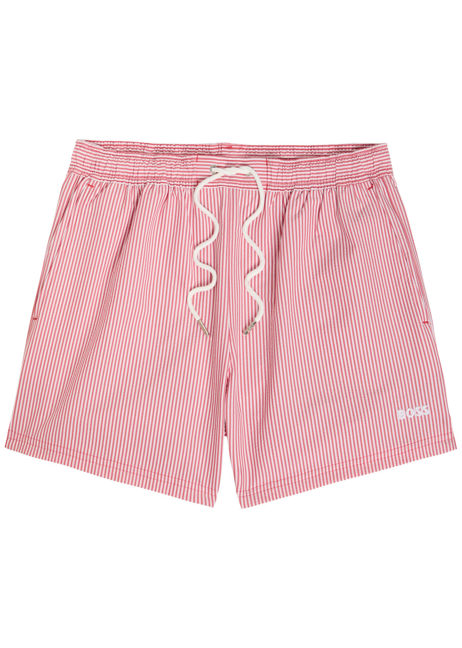 Boss Striped Logo-embroidery Seersucker Swim Shorts - Red - S