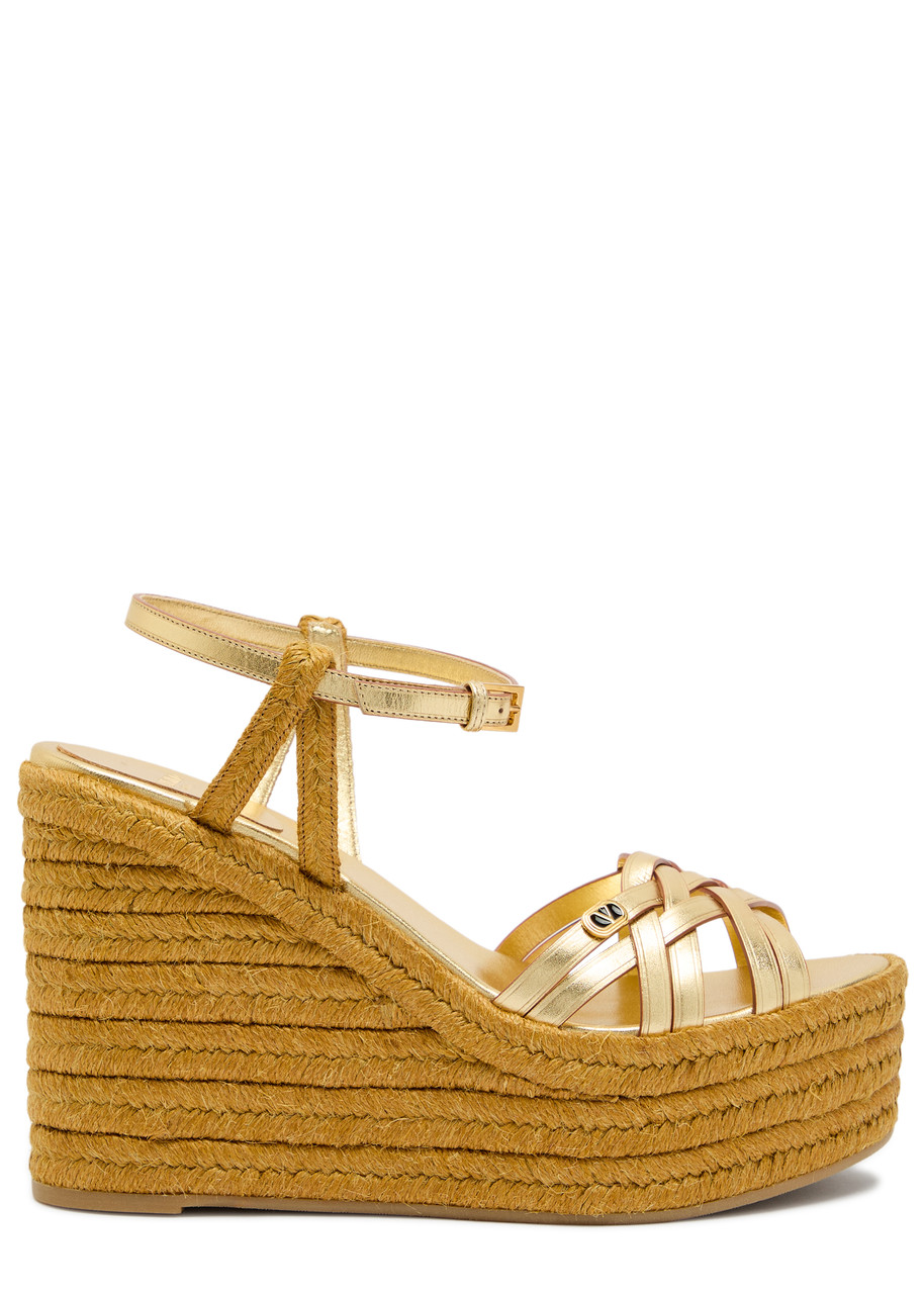 Valentino Bribri 100 Metallic Leather Espadrille Wedges - Yellow - 40 (IT40 / UK7)