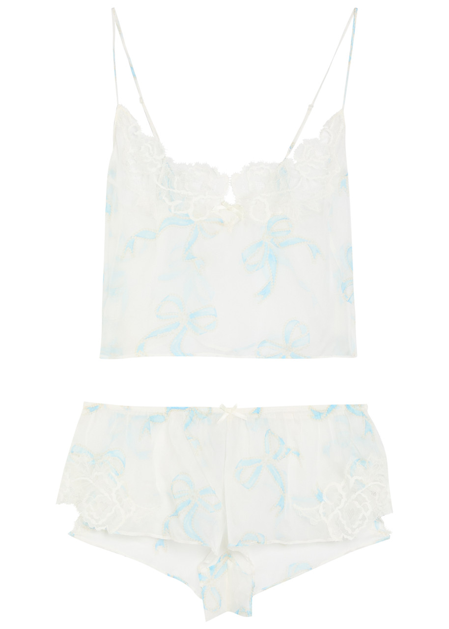 Skims Romance Sheer Bow-print Silk Pyjama set - White - M (UK12-14)