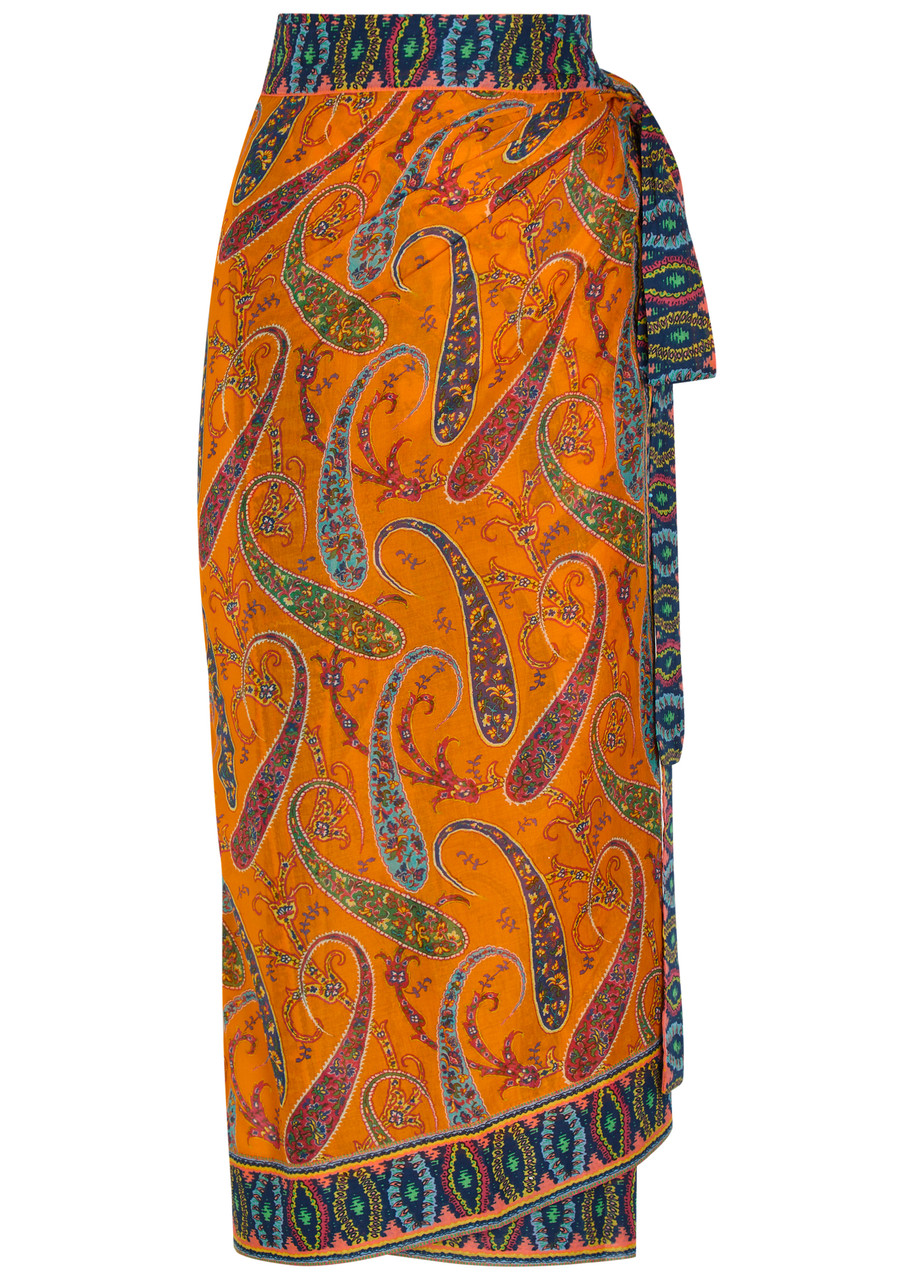 Etro Paisley-print Cotton Midi Wrap Sarong Skirt - Orange - One Size