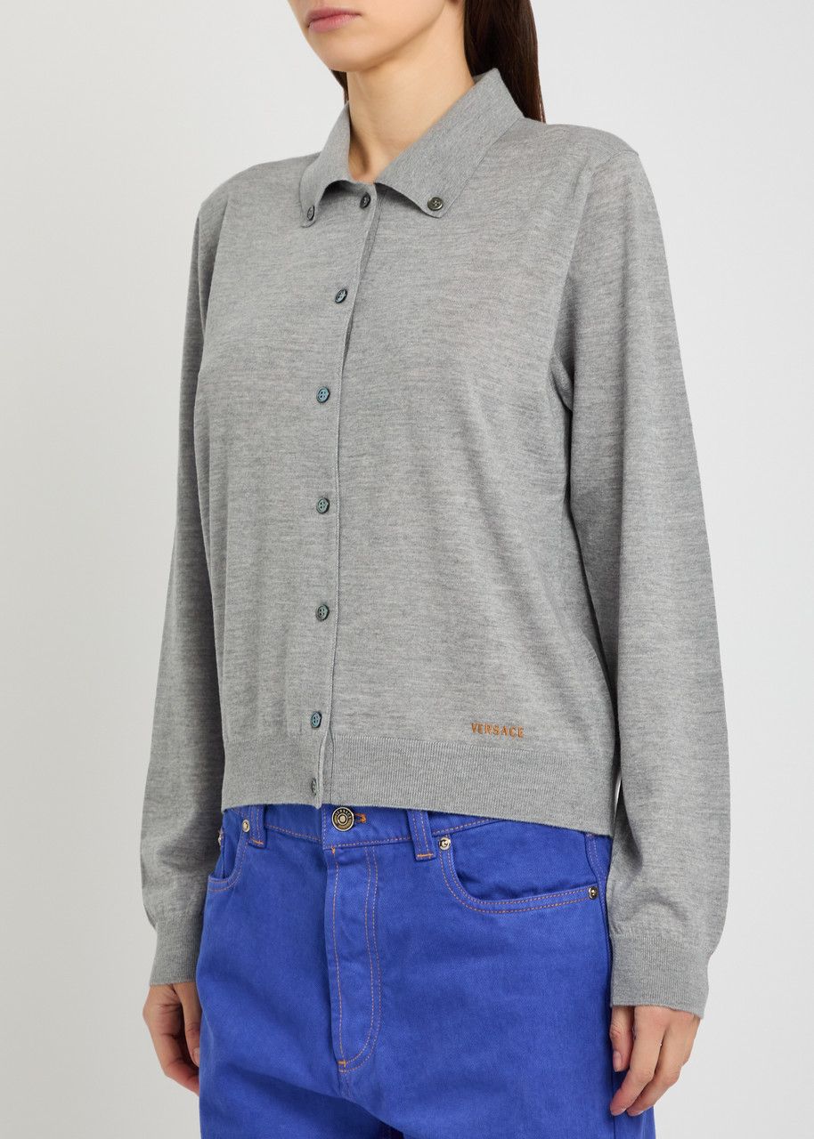  Versace Logo-embroidered Wool Cardigan - Grey - 44 (uk12 / M) 