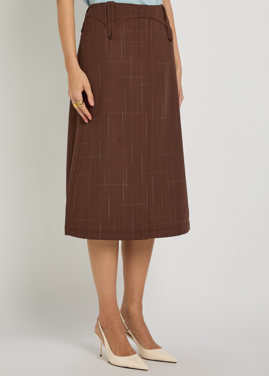  Tory Burch Subtle-check Wool-blend Midi Skirt - Brown - 8 (uk12 / M) 