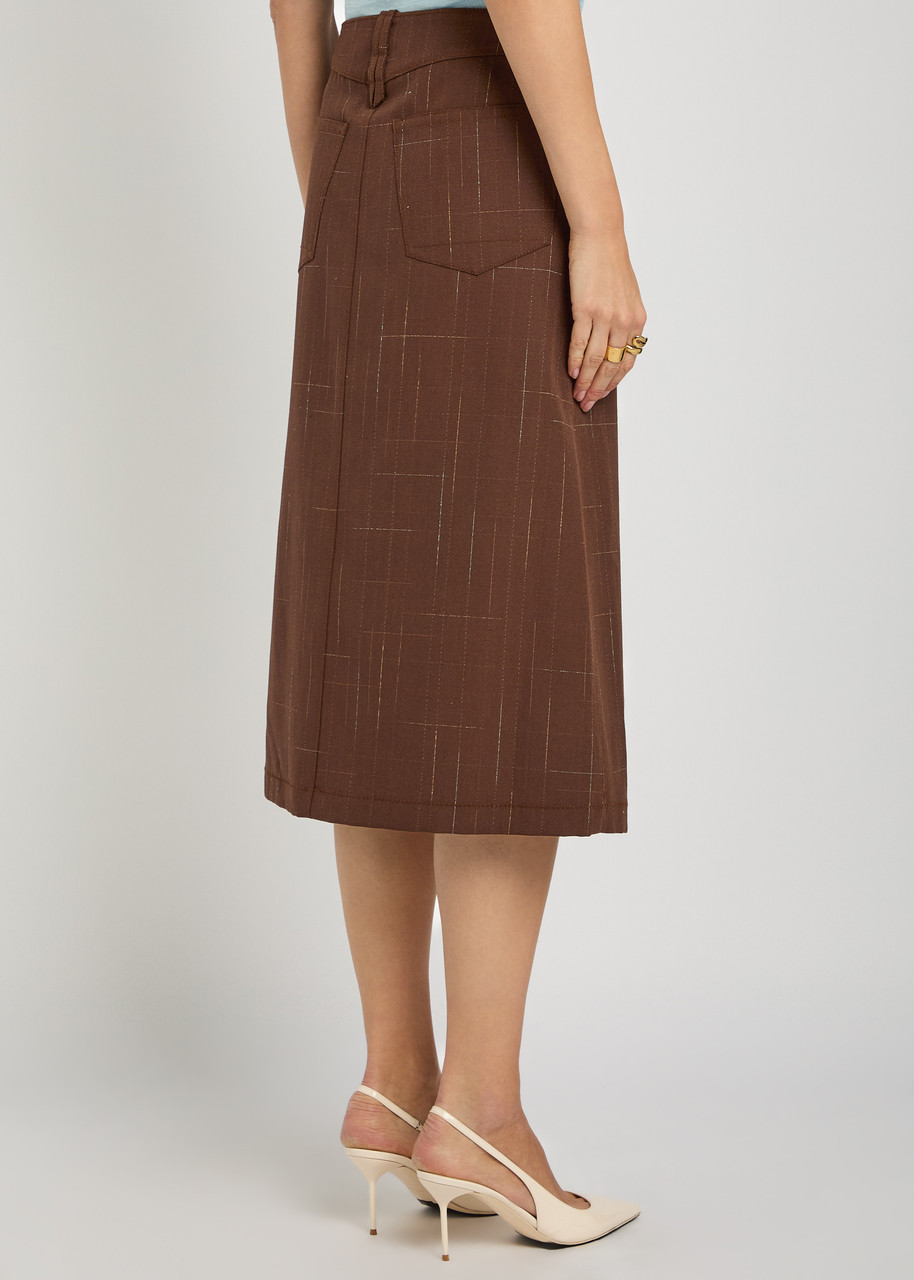  Tory Burch Subtle-check Wool-blend Midi Skirt - Brown - 8 (uk12 / M) 