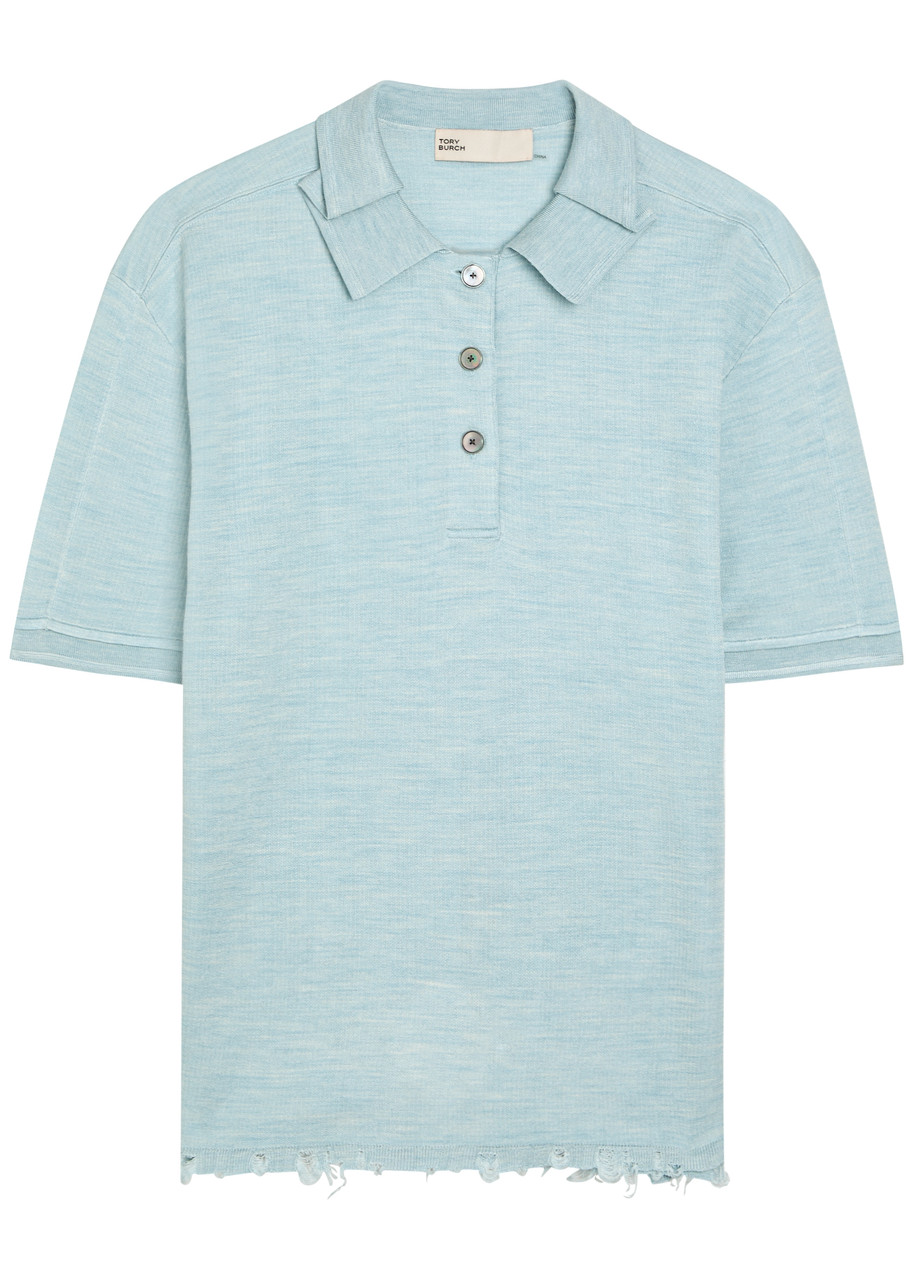 Tory Burch Distressed Silk-blend Polo top - Light Blue - M (UK12 / M)