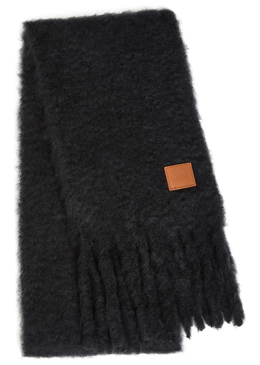 Loewe Logo Fringed Brushed Mohair-blend Scarf In Black