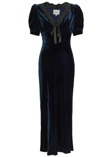 REFORMATION Camille lace-trim velvet midi dress | Harvey Nichols