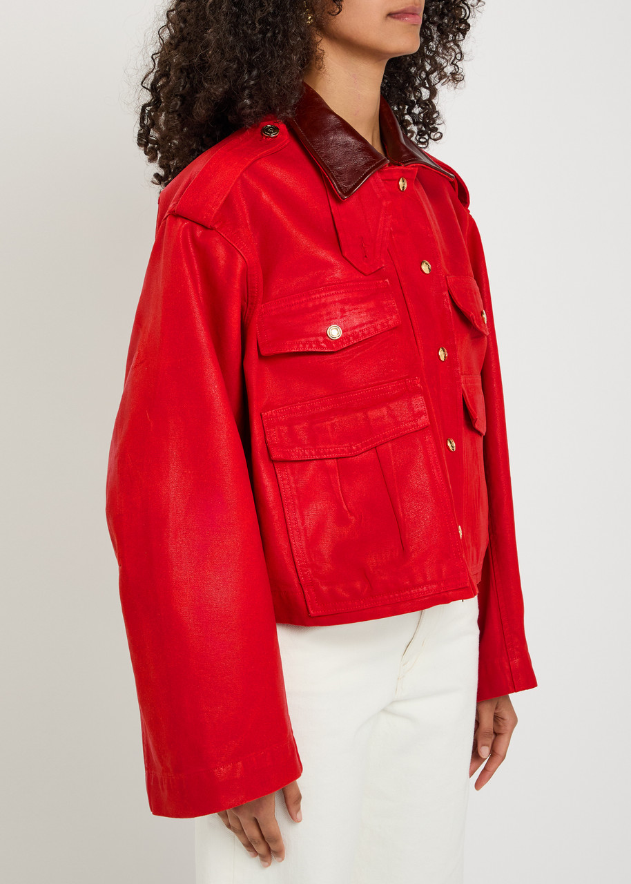  Rùadh The Henderson Leather Collar Waxed Canvas Jacket - Red - L (uk14 / L) 