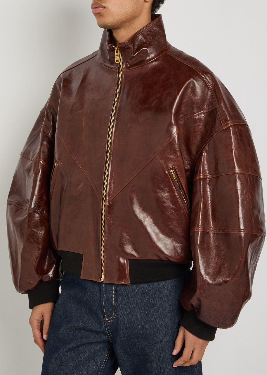  Willy Chavarria Quilted Leather Bomber Jacket - Brown - L 