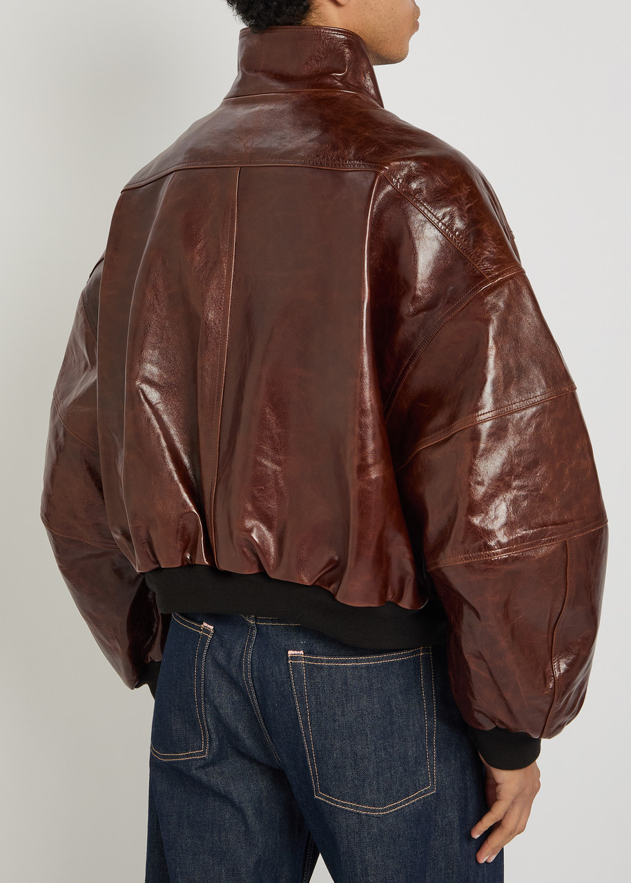  Willy Chavarria Quilted Leather Bomber Jacket - Brown - L 