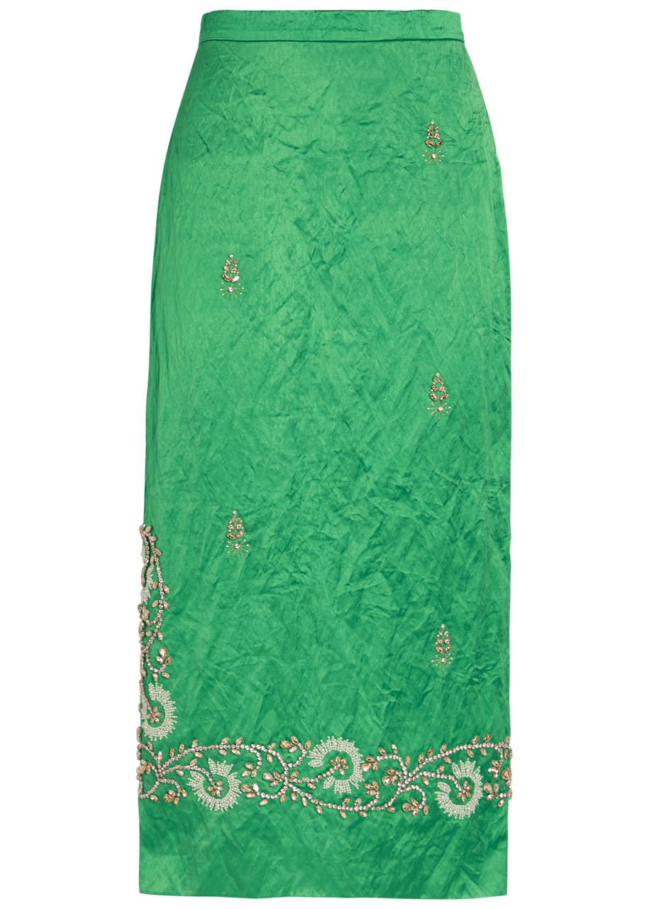 Erdem Embellished Crinkled Satin Midi Pencil Skirt - Green - 8 (UK8 / S)
