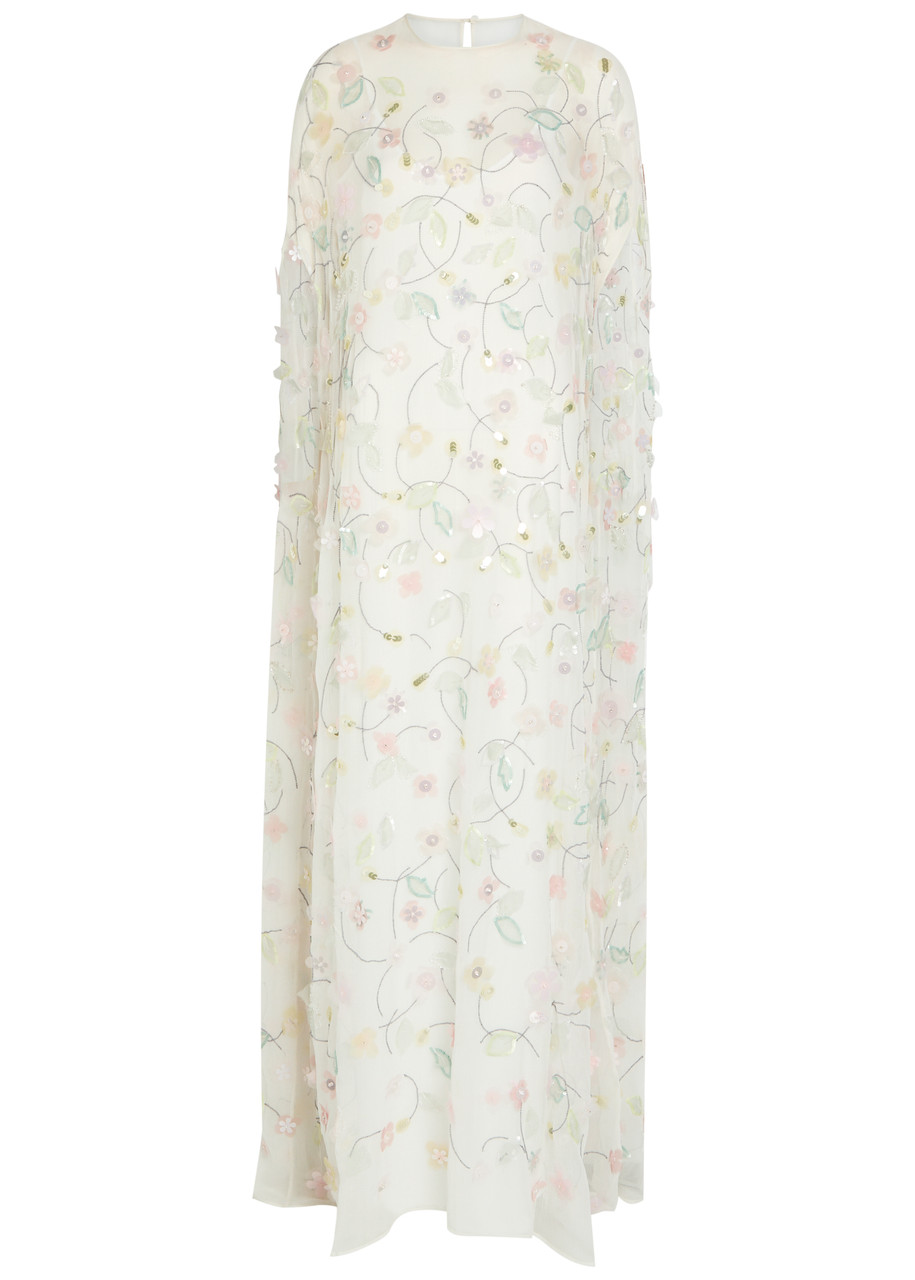 Bernadette Elenore Floral-appliquéd Chiffon Maxi Dress – White – 38 (UK10 / S)