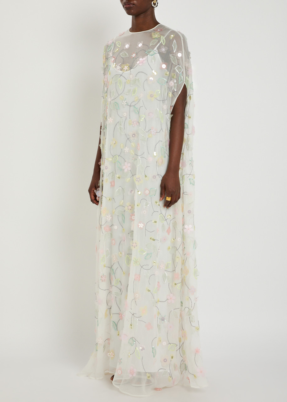 Bernadette Elenore Floral-appliquéd Chiffon Maxi Dress – White – 42 (UK14 / L)
