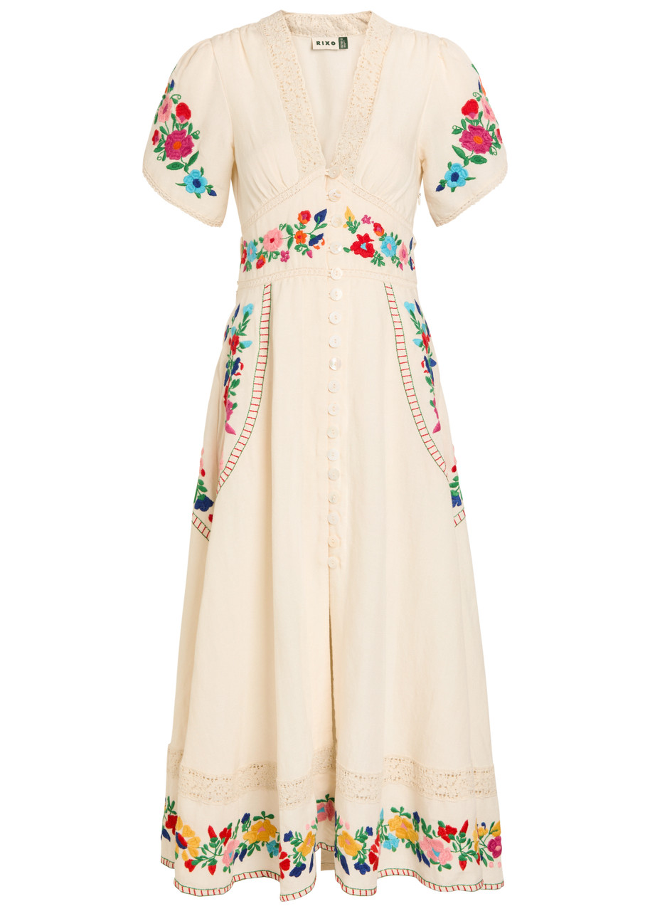 Rixo Novara Floral-embroidered Linen-blend Midi Dress - White - 6 (UK6 / X