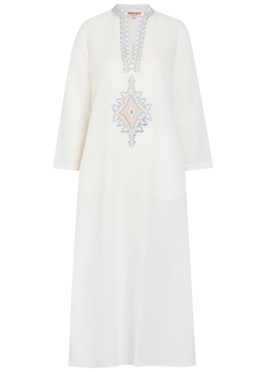 Emporio Sirenuse Jenna Embroidered Linen-blend Midi Kaftan Dress - White - 40 (UK8 / S)