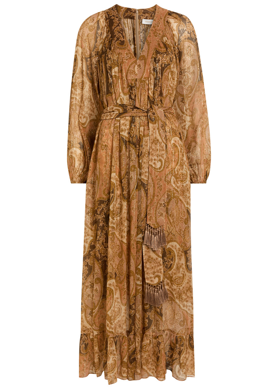 Zimmermann Carousel Belted Metallic Silk-chiffon Midi Dress - Brown - 3 (UK 14 / L)