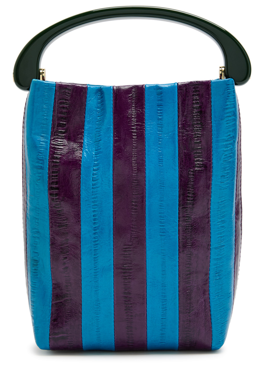 Dries Van Noten Crisp Striped Glossed Leather top Handle bag - Turquoise - One Size