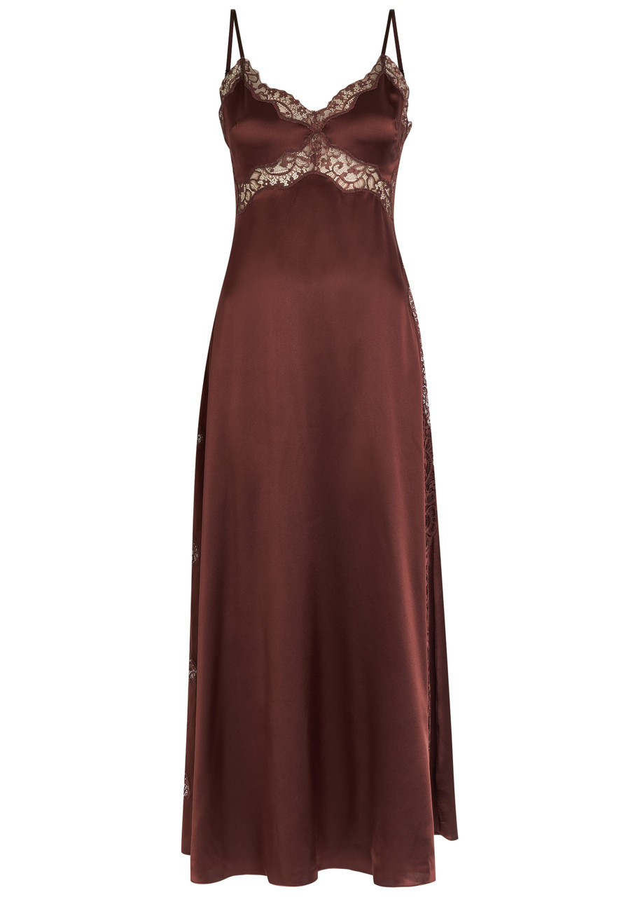 Reformation Ericka Lace-trim Silk Midi Slip Dress – Dark Brown – 2 (UK6 / XS)