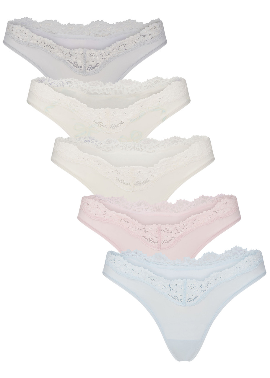 Skims Lace-trim Stretch-jersey Dipped Thong - set of 5 - Ivory - S (UK8-10)
