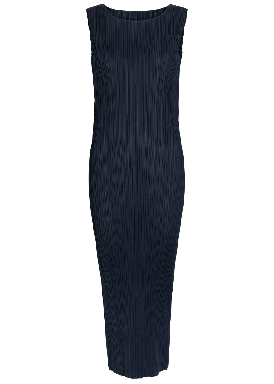 Pleats Please Issey Miyake Pleated Woven Midi Dress – Navy – 5