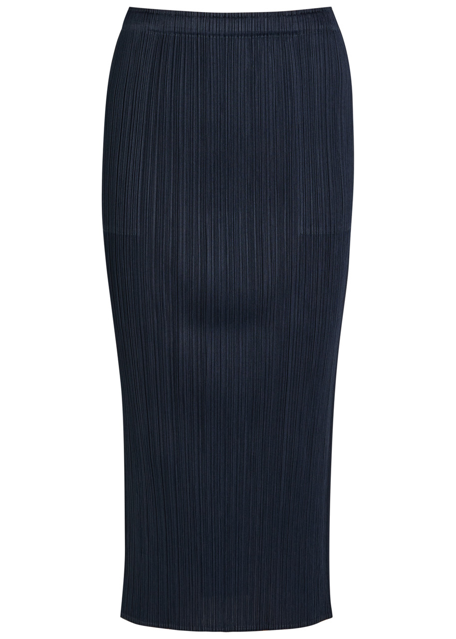 Pleats Please Issey Miyake Pleated Woven Midi Skirt - Navy - 4