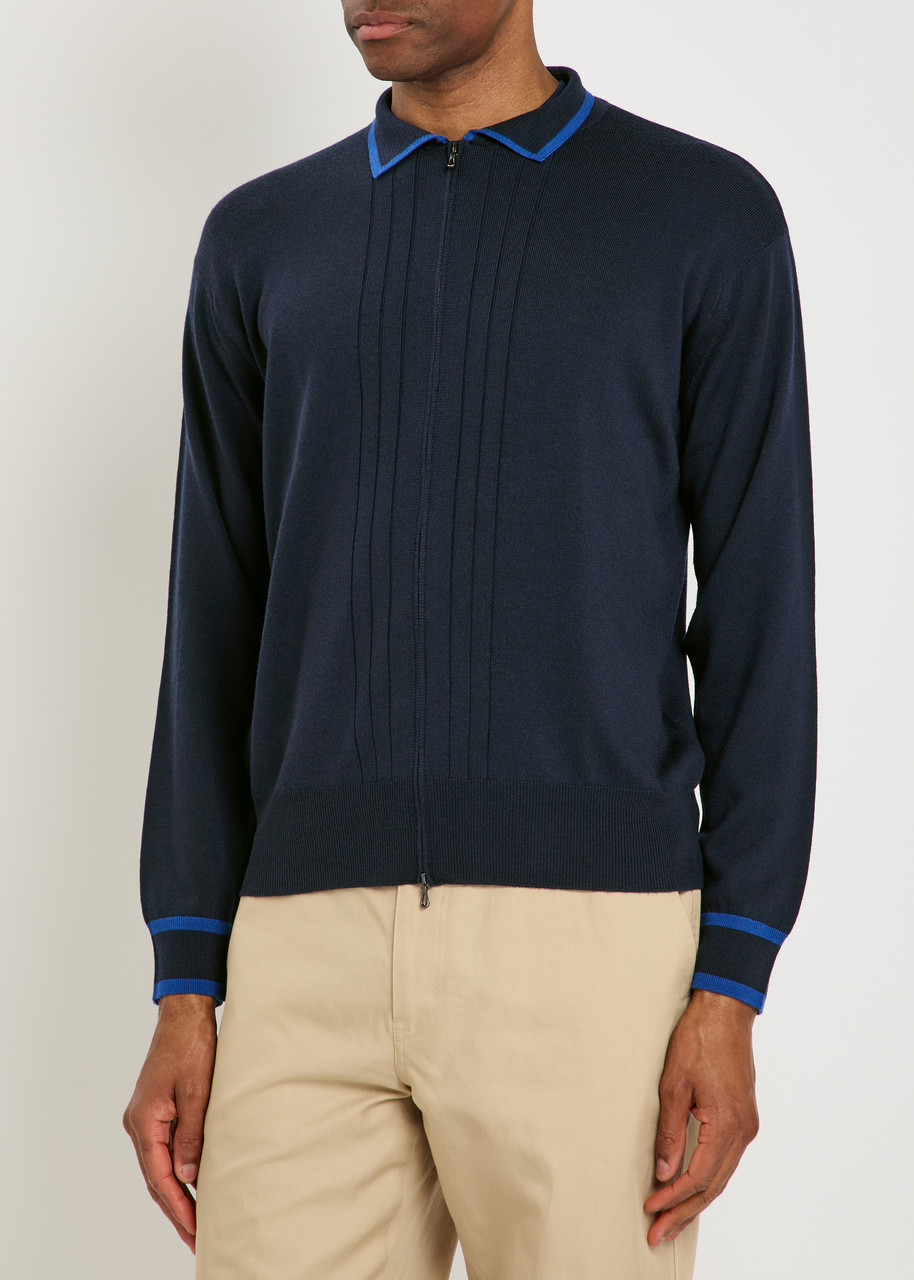 John Smedley Albie Striped Merino Wool Cardigan - Navy - Xl 