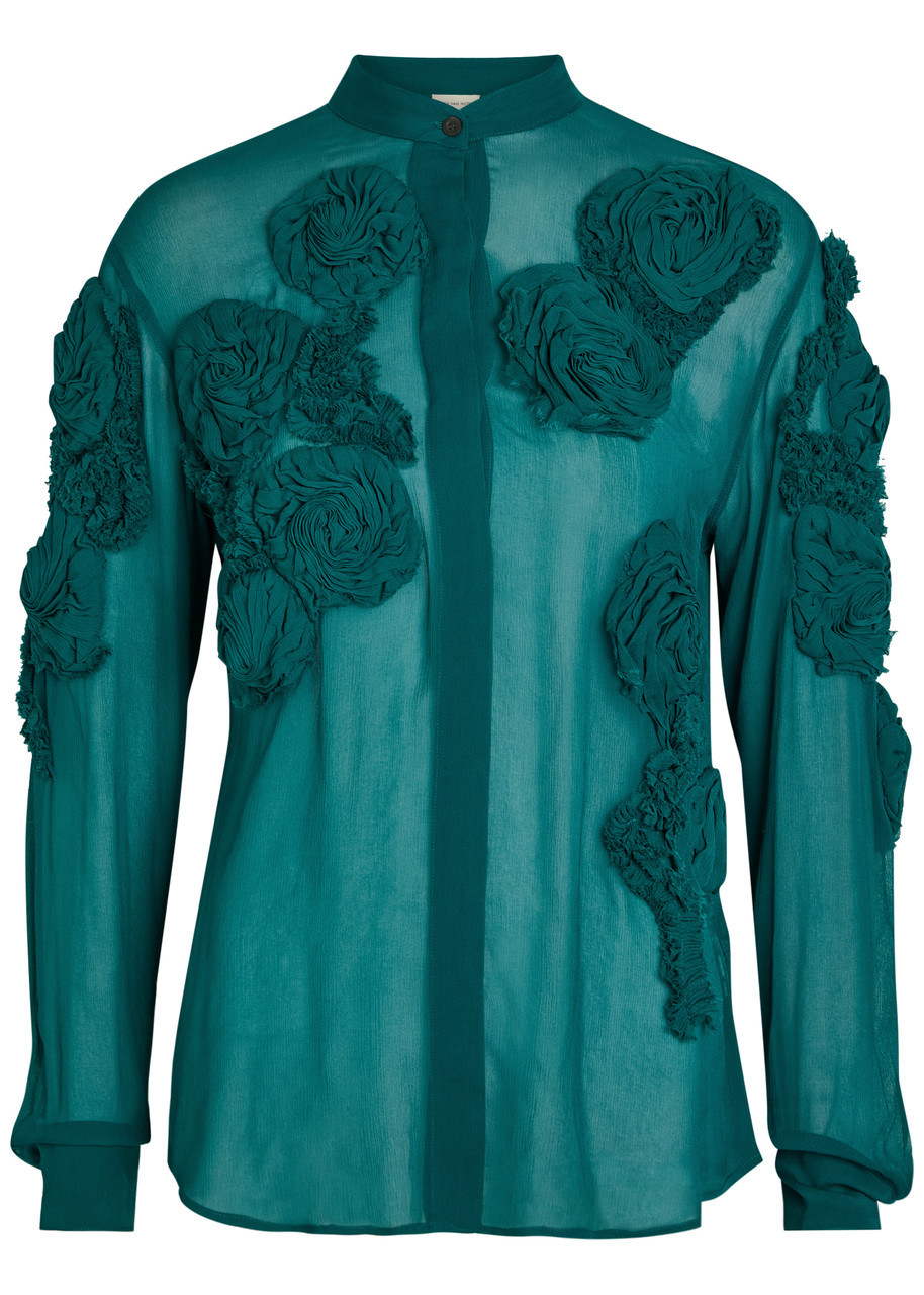 Dries Van Noten Chowsa Floral-appliquéd Chiffon Shirt In Blue