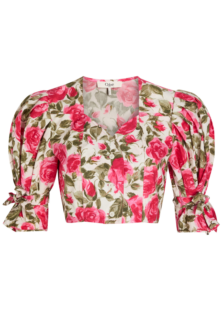 Chloe Floral-print Cotton-poplin Cropped Blouse - Pink - 36 (UK8 / S)