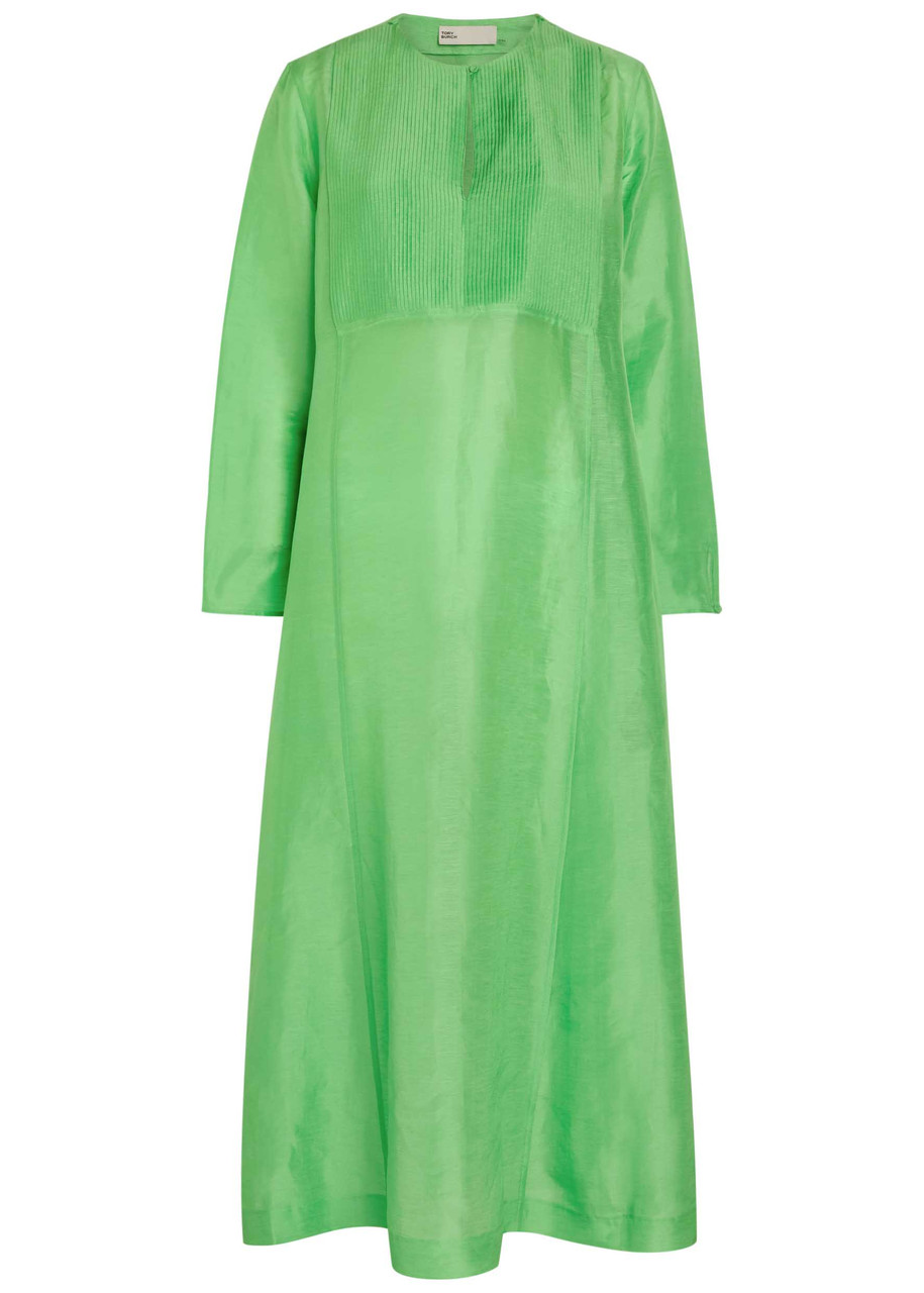 Tory Burch Pleated Linen and Silk-blend Midi Kaftan Dress - Bright Green - L (UK14 / L)