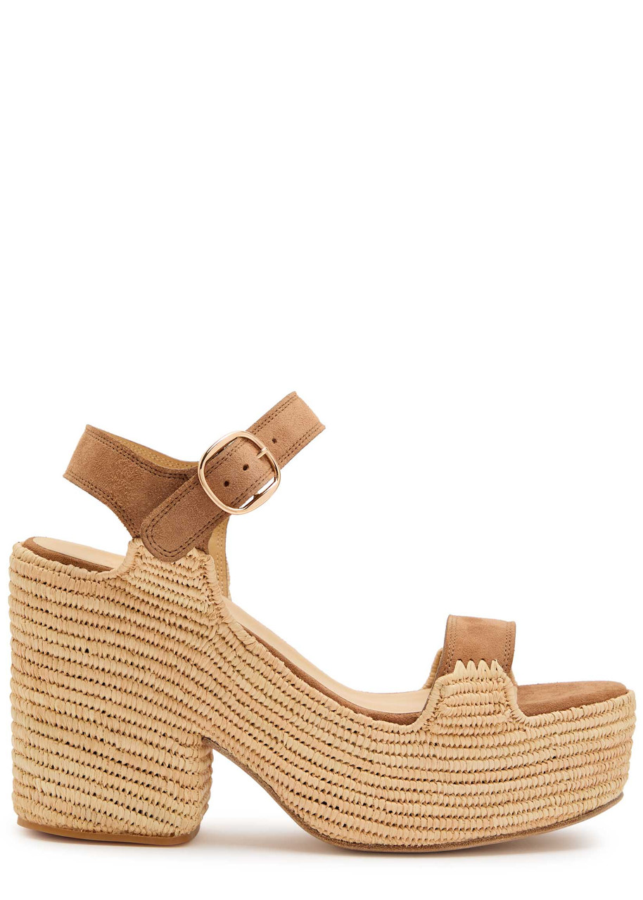 Gabriela Hearst Sardis 100 Suede and Raffia Platform Sandals - Camel - 39 (IT39/ UK6)