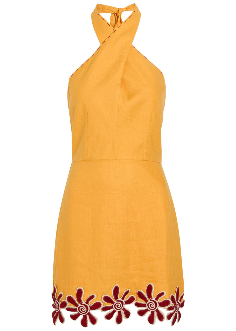 Cala DE LA Cruz Veneta Floral-appliquéd Linen Mini Dress - Orange - S (UK8-10 / S)