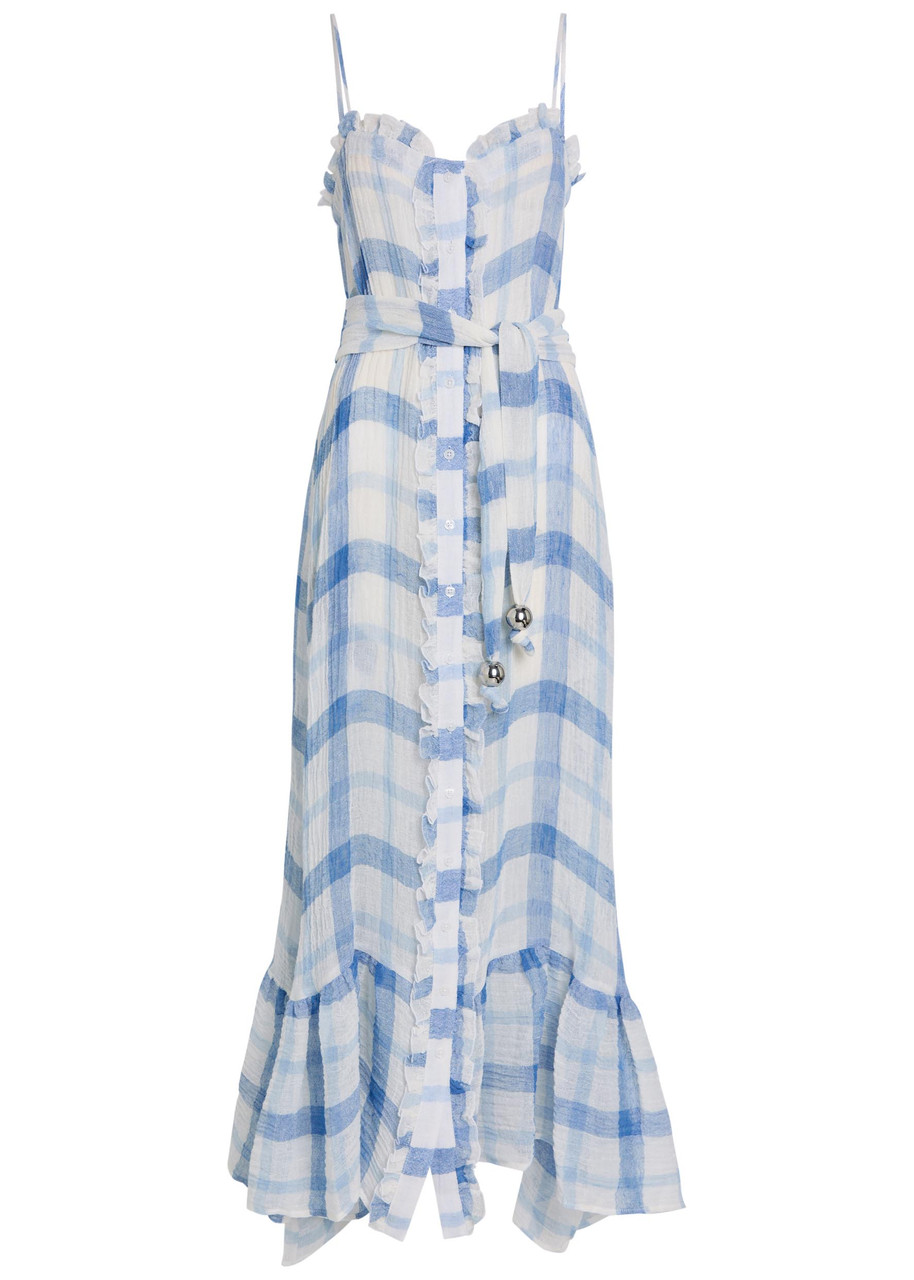 Lisa Marie Fernandez Checked Ruffled Linen-blend Maxi Dress - Blue And White - S (UK8-10 / S)