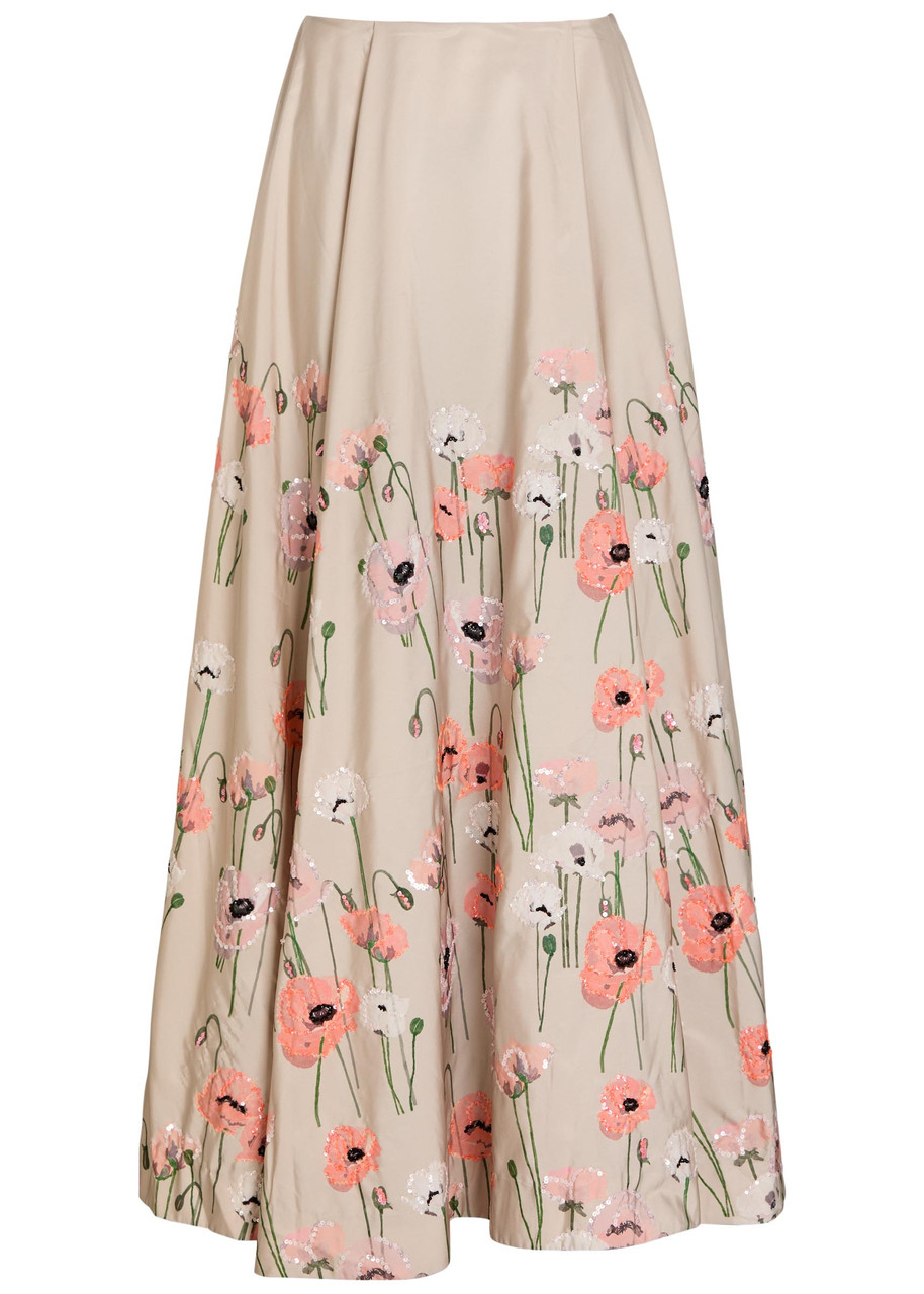 Bernadette Kennedy Floral-embellished Satin-poplin Maxi Skirt – Beige – 38 (UK10 / S)