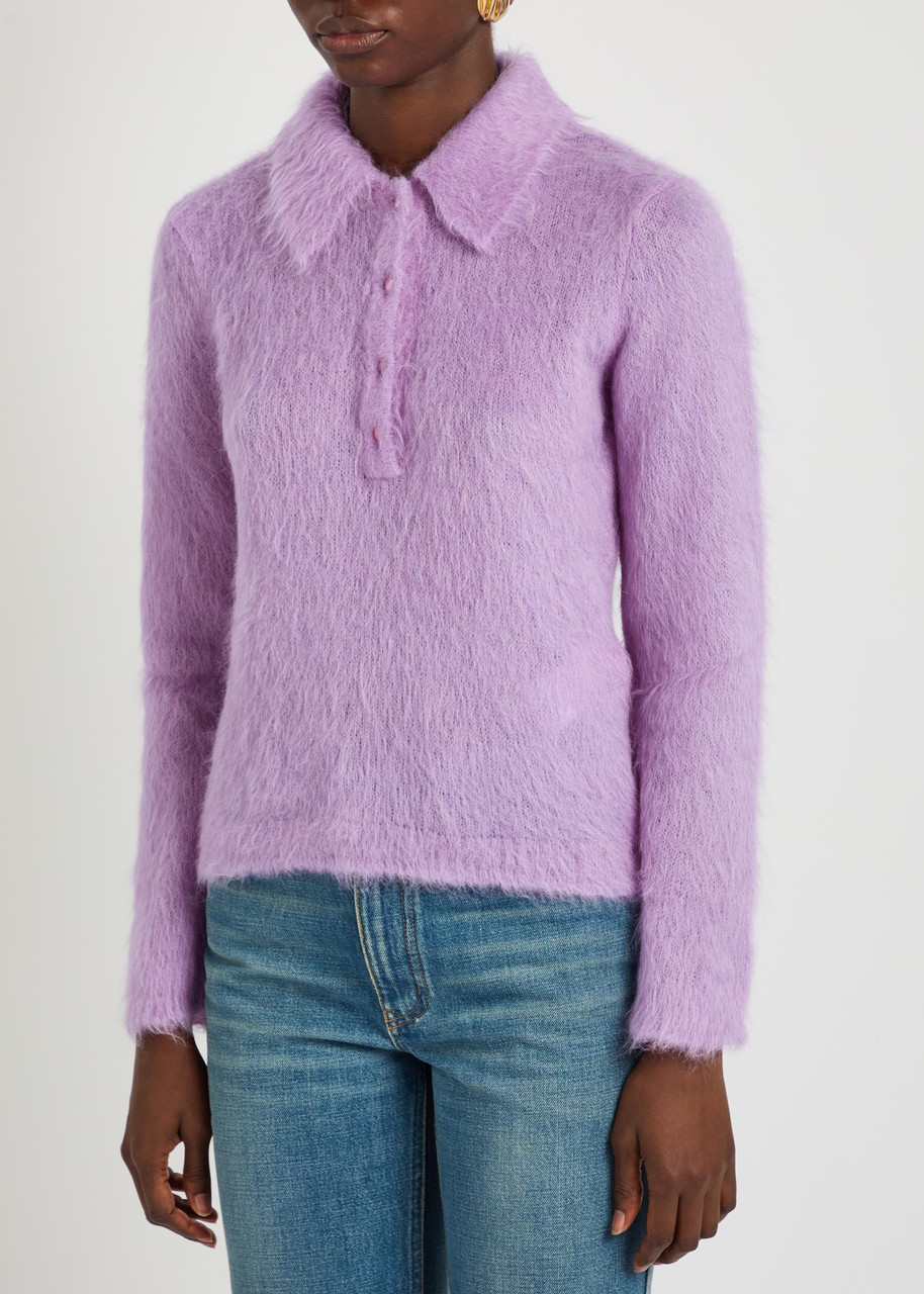 Chloe Brushed Knit Wool-blend Polo Top - Lilac - Xs (uk6 / Xs) 