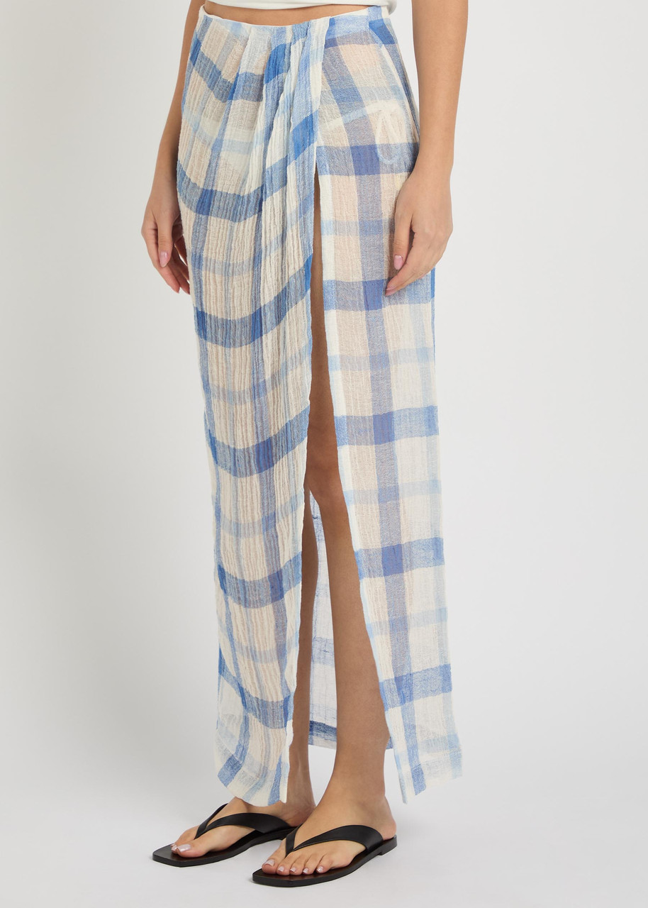 Lisa Marie Fernandez Checked Linen-blend Sarong Skirt – Blue And White – M (UK12 / M)