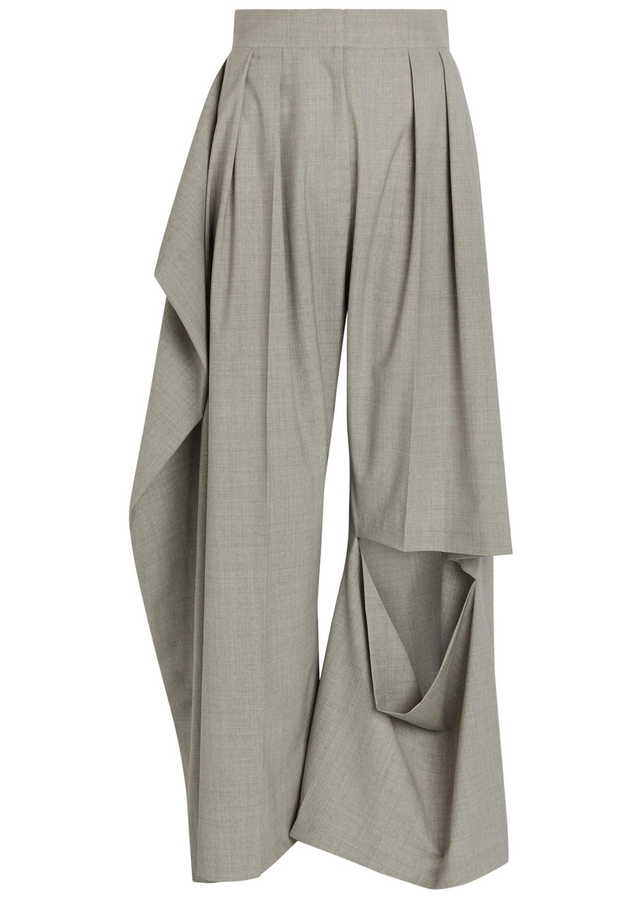 A.W.A.K.E Mode Cut-out Wide-leg Stretch Wool Trousers - Light Grey - 34 (UK6 / XS)