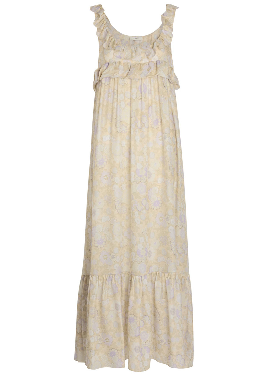 Chloe Floral-print Frill Silk Maxi Dress - Purple - 40 (UK12 / M)