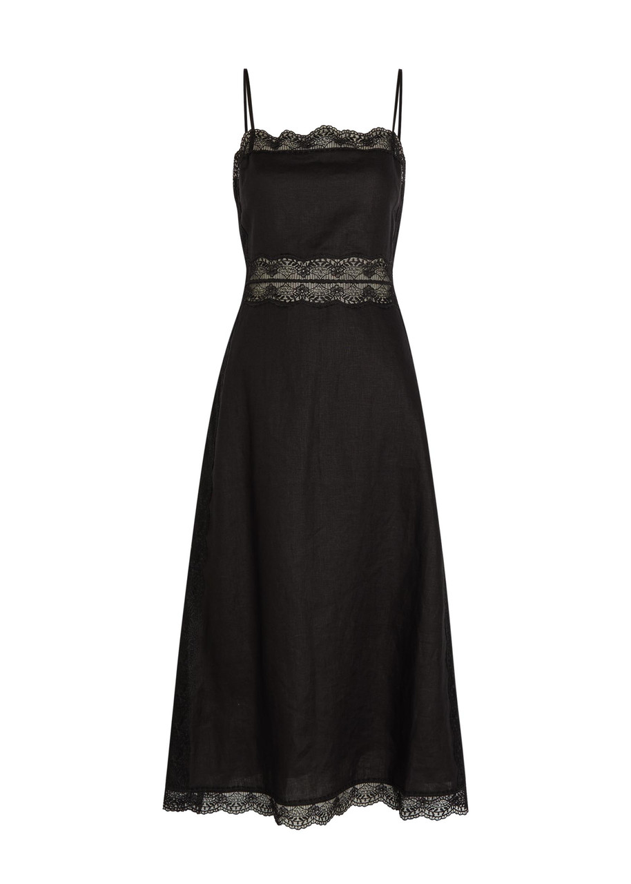 Staud Amalina Lace and Linen Midi Dress - Black - 2 (UK6 / XS)