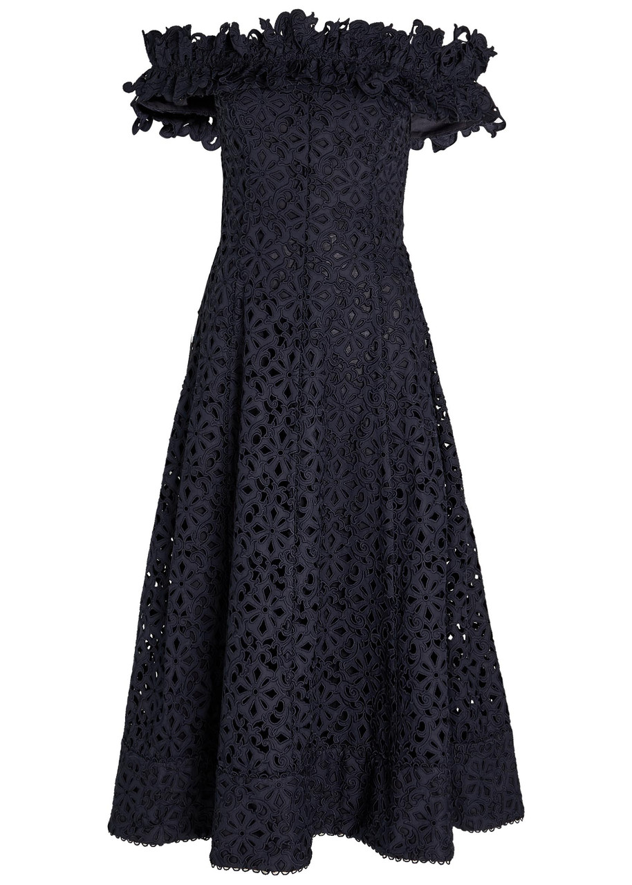 Rebecca Vallance Antalya Embroidered Off-the-shoulder Cotton Midi Dress – Navy – 12 (UK12 / M)
