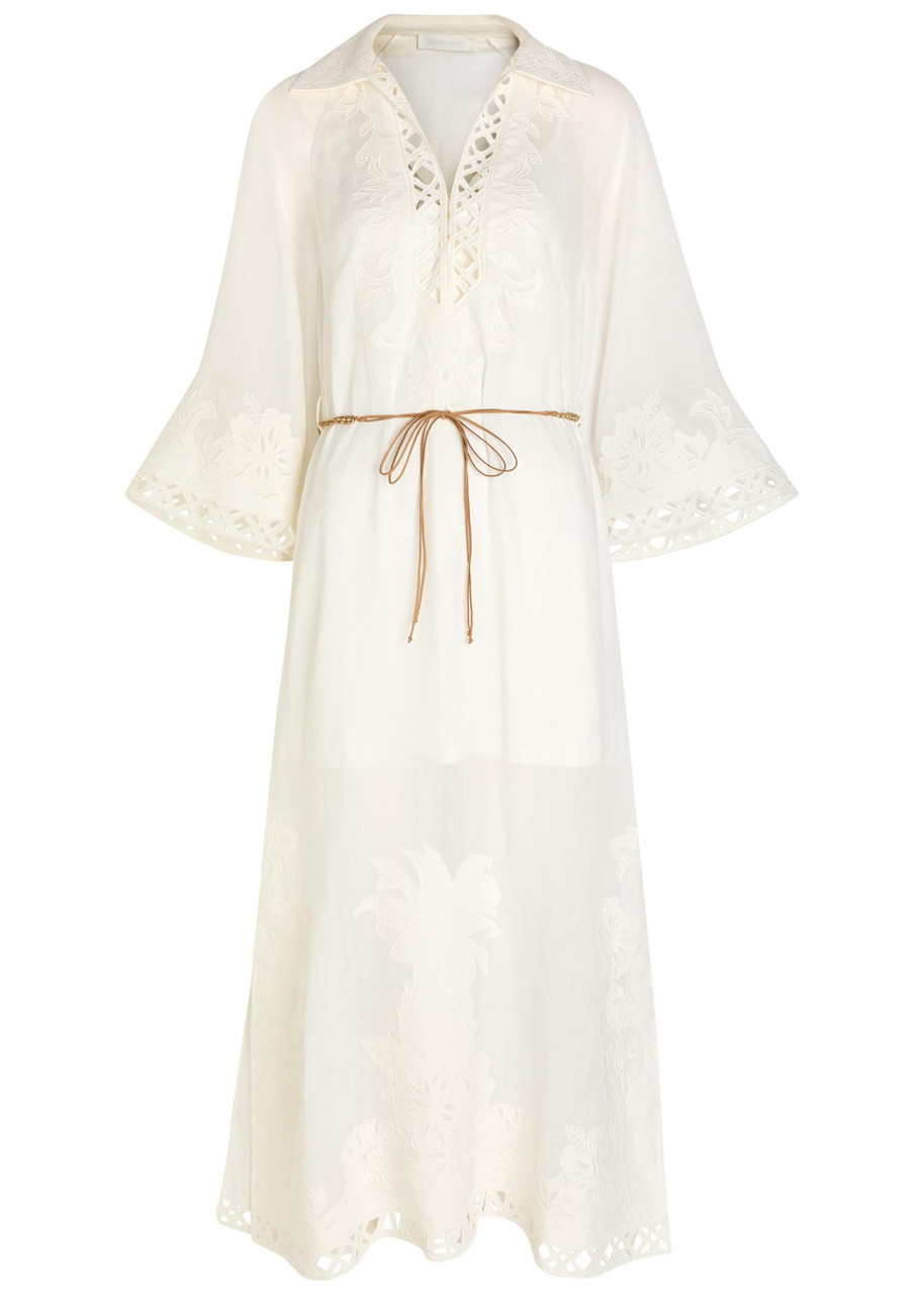 Zimmermann Indra Embroidered Belted Ramie Maxi Dress – Ivory – 2 (UK 12 / M)