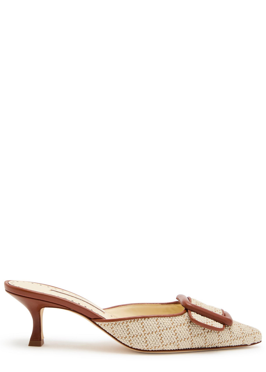 Manolo Blahnik Maysalebi 50 Raffia and Leather Mules – Beige – 38 (IT38/ UK5)